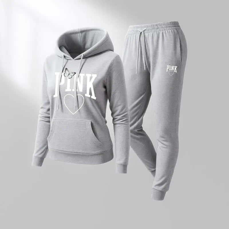 Women's Pink Heart Print Hoodie & Track Pants Set