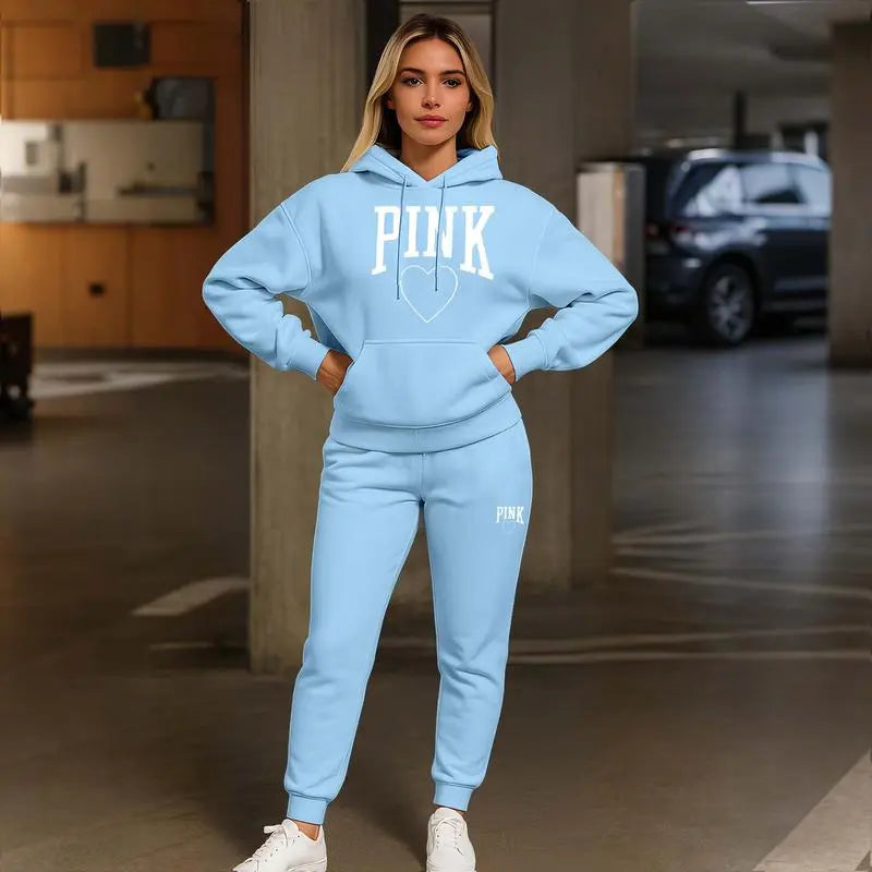 Women's Pink Heart Print Hoodie & Track Pants Set