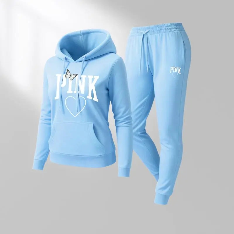 Women's Pink Heart Print Hoodie & Track Pants Set
