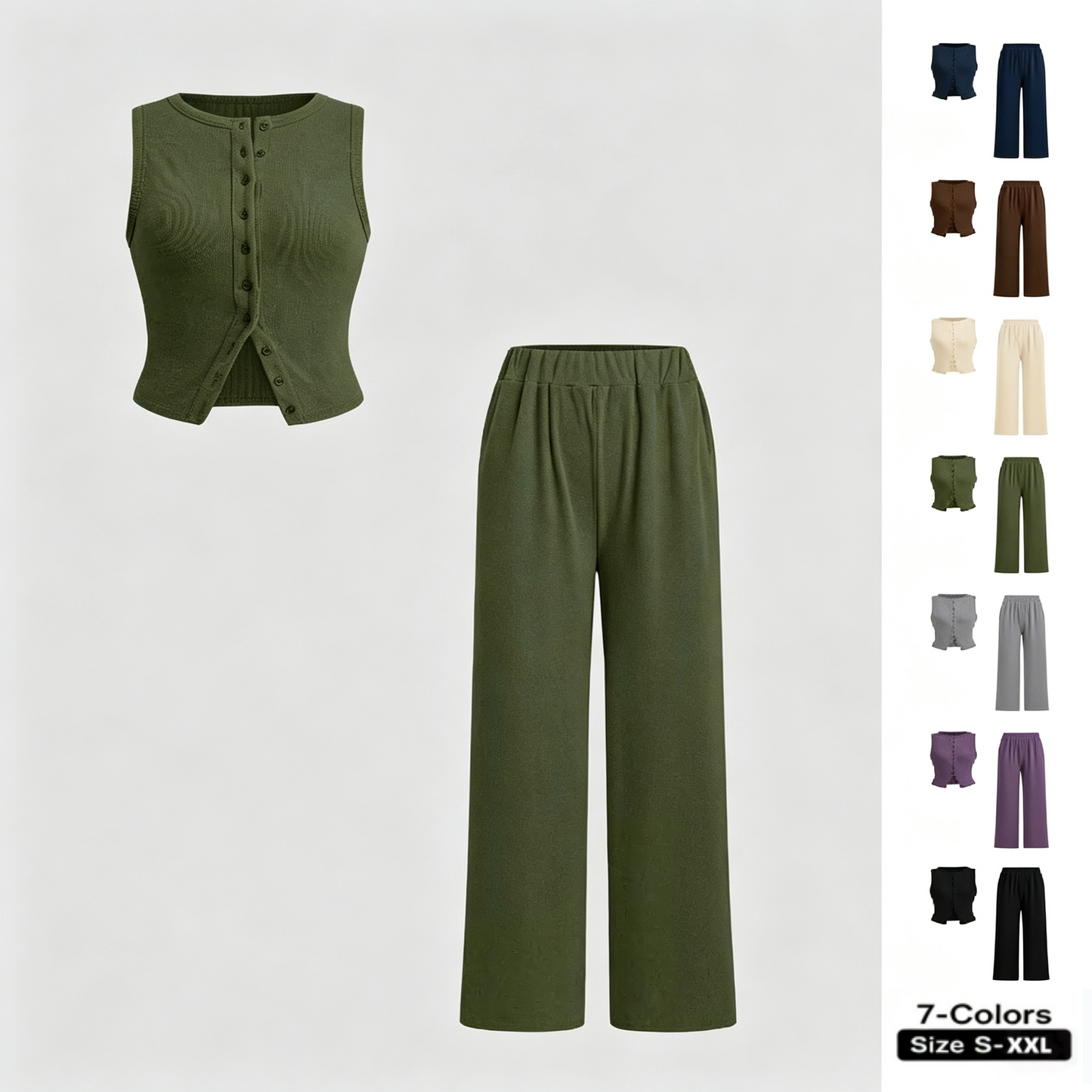 Women's Basic Fitted Solid Ribbed Button Tank Top & Straight Leg Pants Two-piece Set, Casual Sleeveless Top & Trousers for Daily Wear, Ladies Two-piece Outfits for All Seasons, Clothes, Airport Outfit