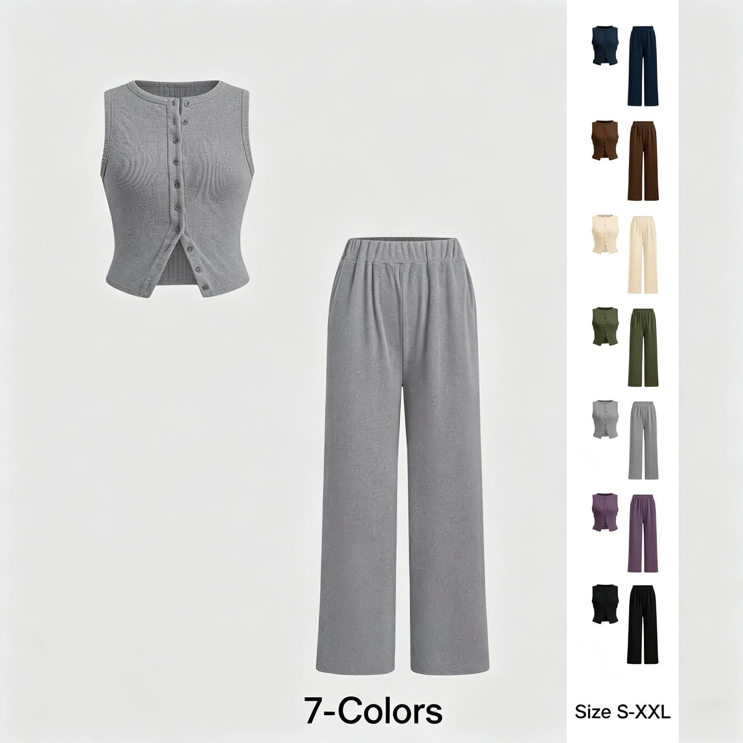 Women's Basic Fitted Solid Ribbed Button Tank Top & Straight Leg Pants Two-piece Set, Casual Sleeveless Top & Trousers for Daily Wear, Ladies Two-piece Outfits for All Seasons, Clothes, Airport Outfit