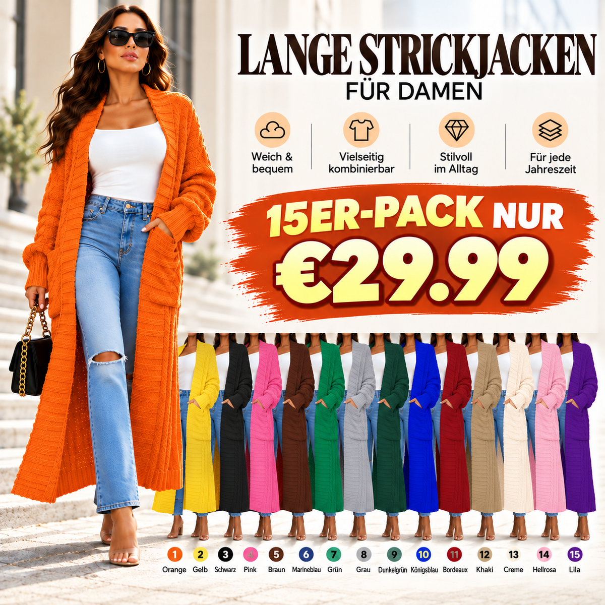 Damen Lange Strickjacke 2026 Übergroßer Mantel Langarm Offener Cardigan Gestrickt Extra