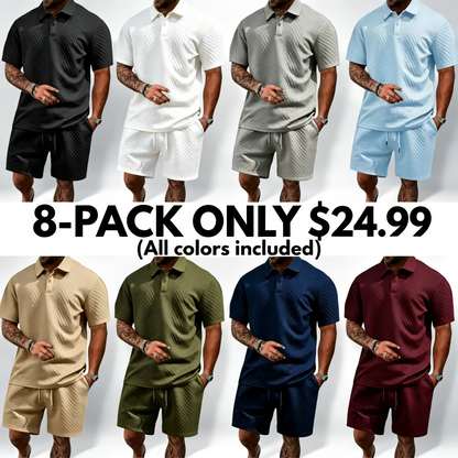 Men's Casual Solid-Color Polo Shirt and Shorts Two-Piece Set