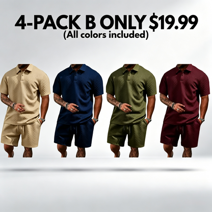 Men's Casual Solid-Color Polo Shirt and Shorts Two-Piece Set