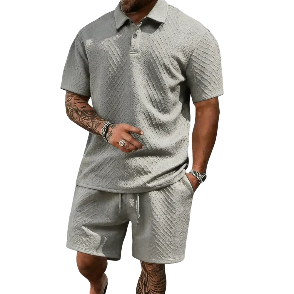 Men's Casual Solid-Color Polo Shirt and Shorts Two-Piece Set