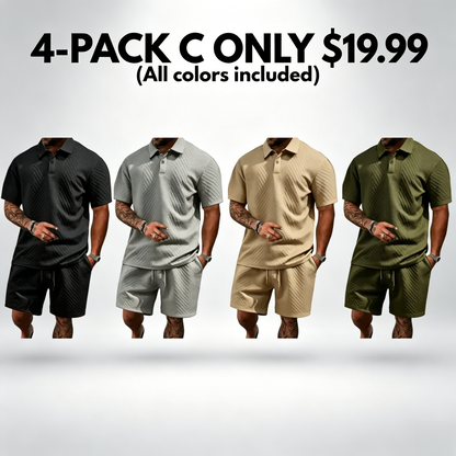 Men's Casual Solid-Color Polo Shirt and Shorts Two-Piece Set