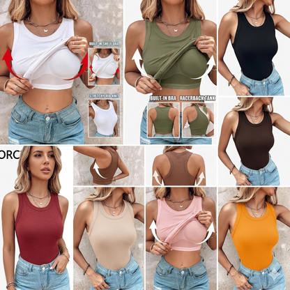 This Week's Special Price🍃Round Neck Built-in Bra Ribbed Tank Top Fit Casual Comfortable💥