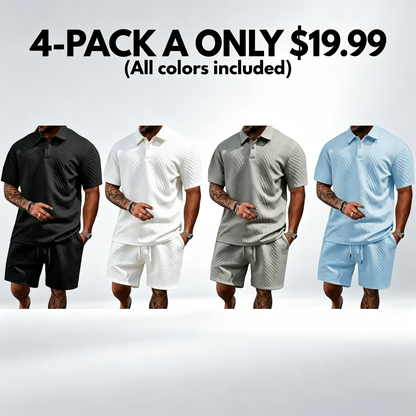 Men's Casual Solid-Color Polo Shirt and Shorts Two-Piece Set