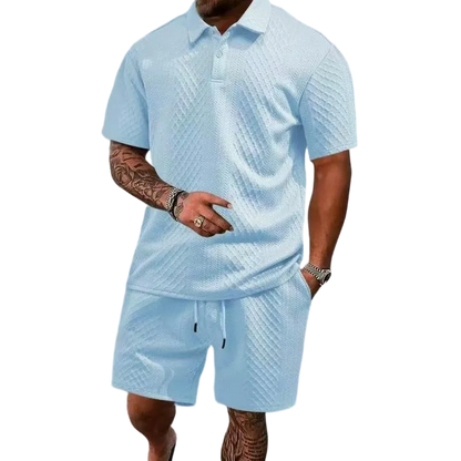 Men's Casual Solid-Color Polo Shirt and Shorts Two-Piece Set