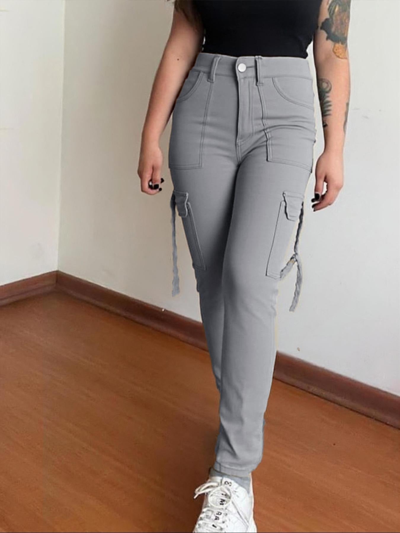 🔥MID YEAR SALE🔥Women's Plain Multi-pocket Denim Elastic Slim Fit Button Cargo Denim Pants
