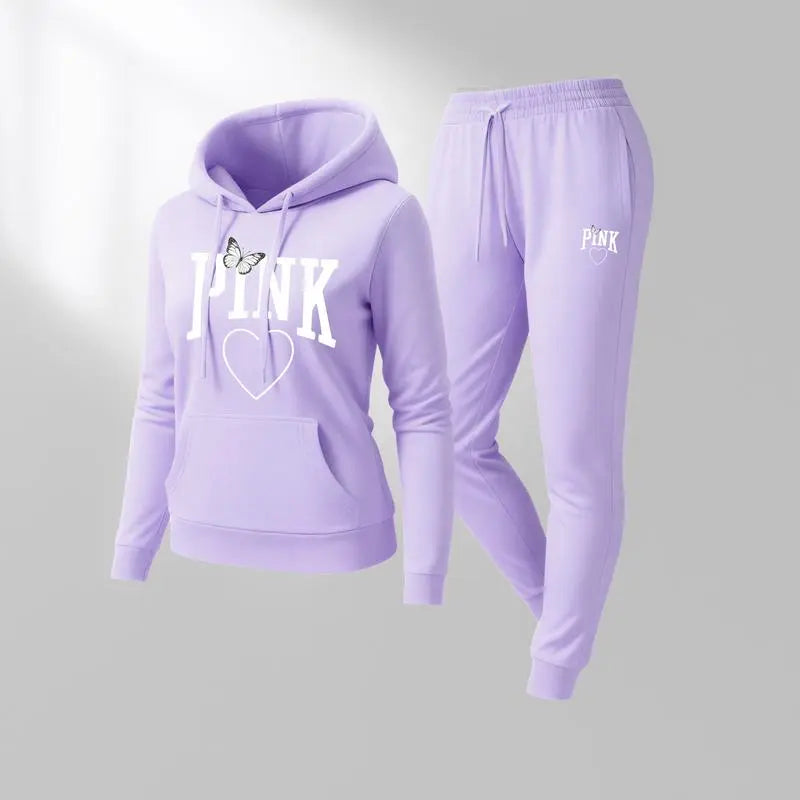 Women's Pink Heart Print Hoodie & Track Pants Set