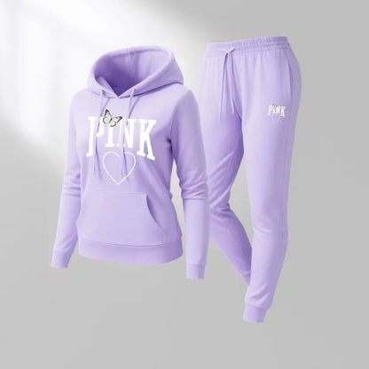 Women's Pink Heart Print Hoodie & Track Pants Set