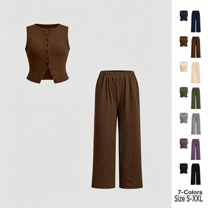 Women's Basic Fitted Solid Ribbed Button Tank Top & Straight Leg Pants Two-piece Set, Casual Sleeveless Top & Trousers for Daily Wear, Ladies Two-piece Outfits for All Seasons, Clothes, Airport Outfit