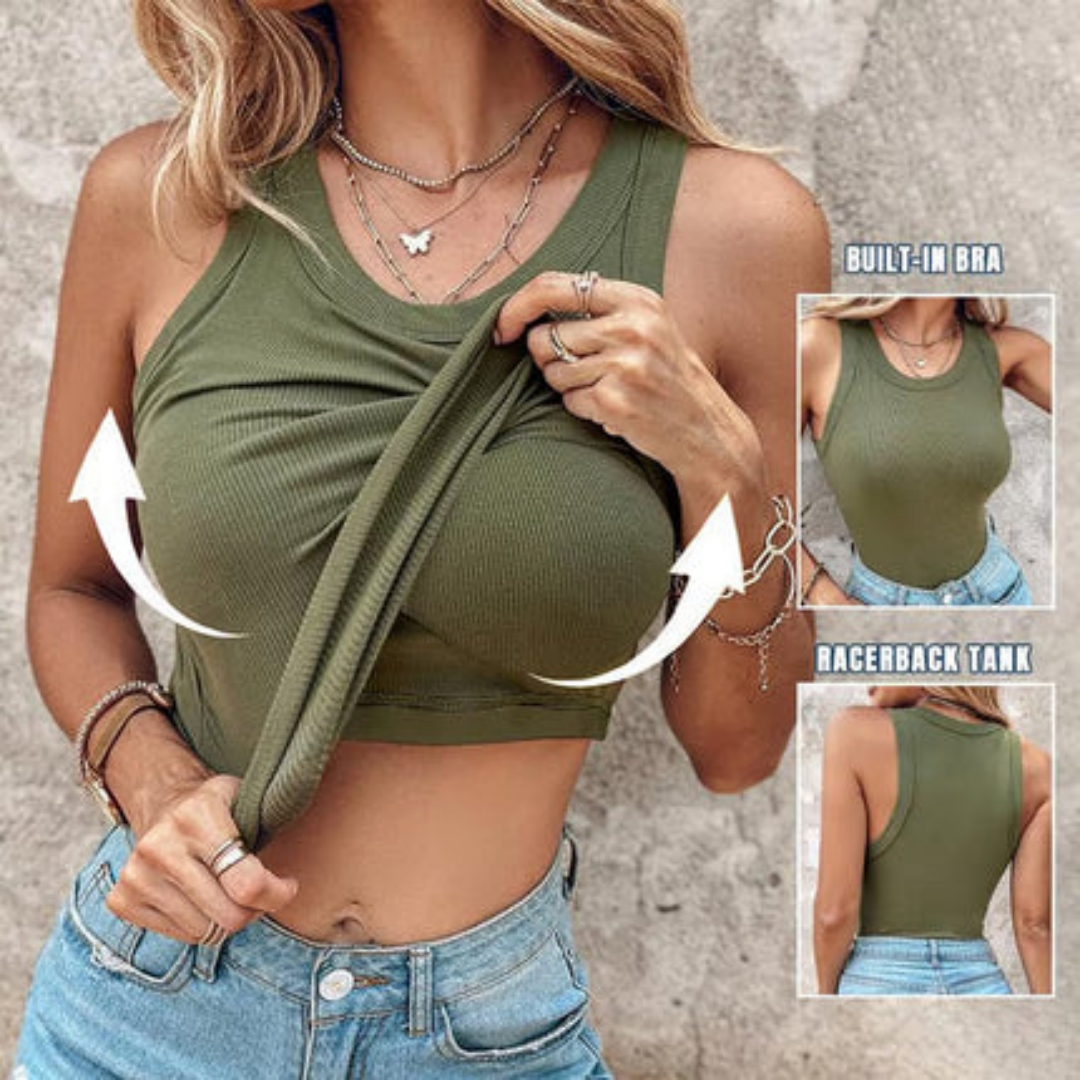 This Week's Special Price🍃Round Neck Built-in Bra Ribbed Tank Top Fit Casual Comfortable💥