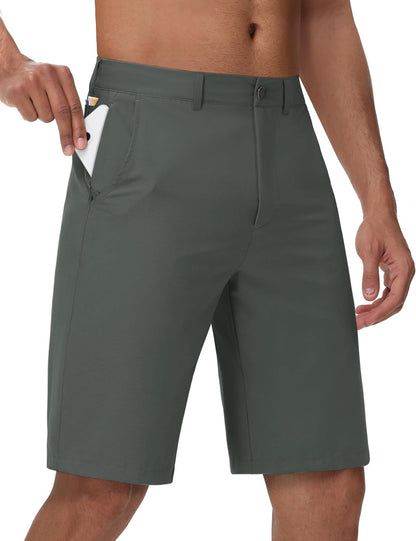 Men's Golf Dress Shorts, 8/11-inch Inner Seam, Zippered Pocket, Flat Front | Stretch, Lightweight, Quick-Drying Blend Casual Work, Hiking, Fishing, Comfortable Twill Cotton Shorts, Summer Men's Style, with Drawstring