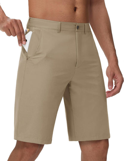 Men's Golf Dress Shorts, 8/11-inch Inner Seam, Zippered Pocket, Flat Front | Stretch, Lightweight, Quick-Drying Blend Casual Work, Hiking, Fishing, Comfortable Twill Cotton Shorts, Summer Men's Style, with Drawstring