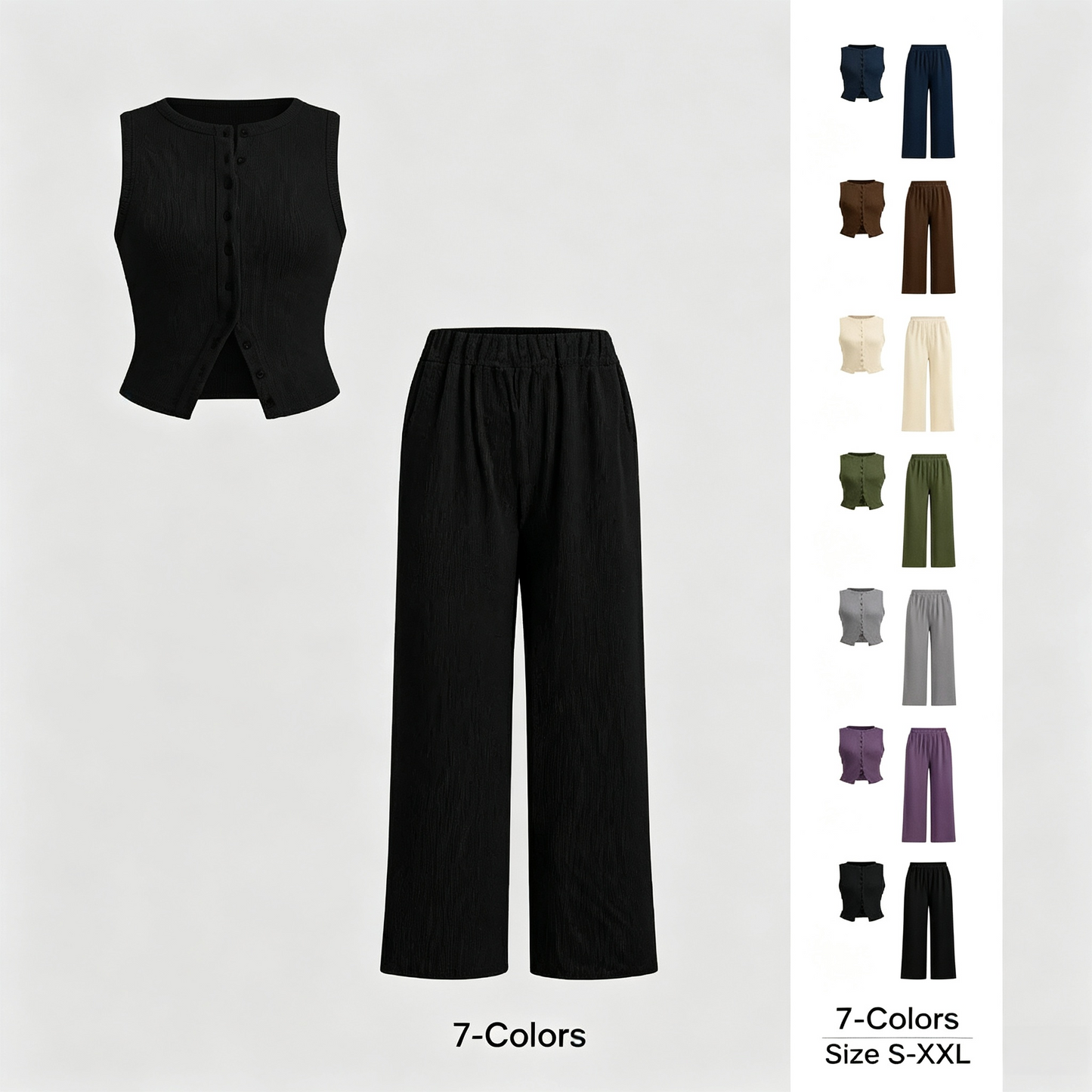 Women's Basic Fitted Solid Ribbed Button Tank Top & Straight Leg Pants Two-piece Set, Casual Sleeveless Top & Trousers for Daily Wear, Ladies Two-piece Outfits for All Seasons, Clothes, Airport Outfit