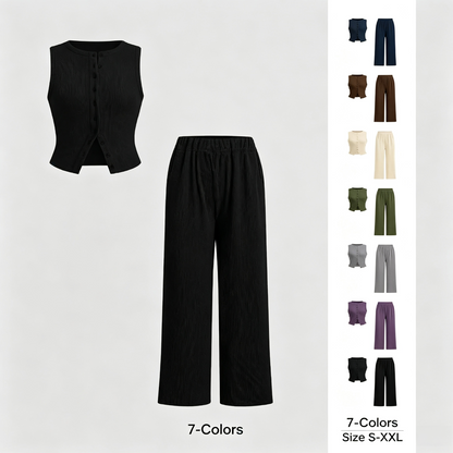 Women's Basic Fitted Solid Ribbed Button Tank Top & Straight Leg Pants Two-piece Set, Casual Sleeveless Top & Trousers for Daily Wear, Ladies Two-piece Outfits for All Seasons, Clothes, Airport Outfit