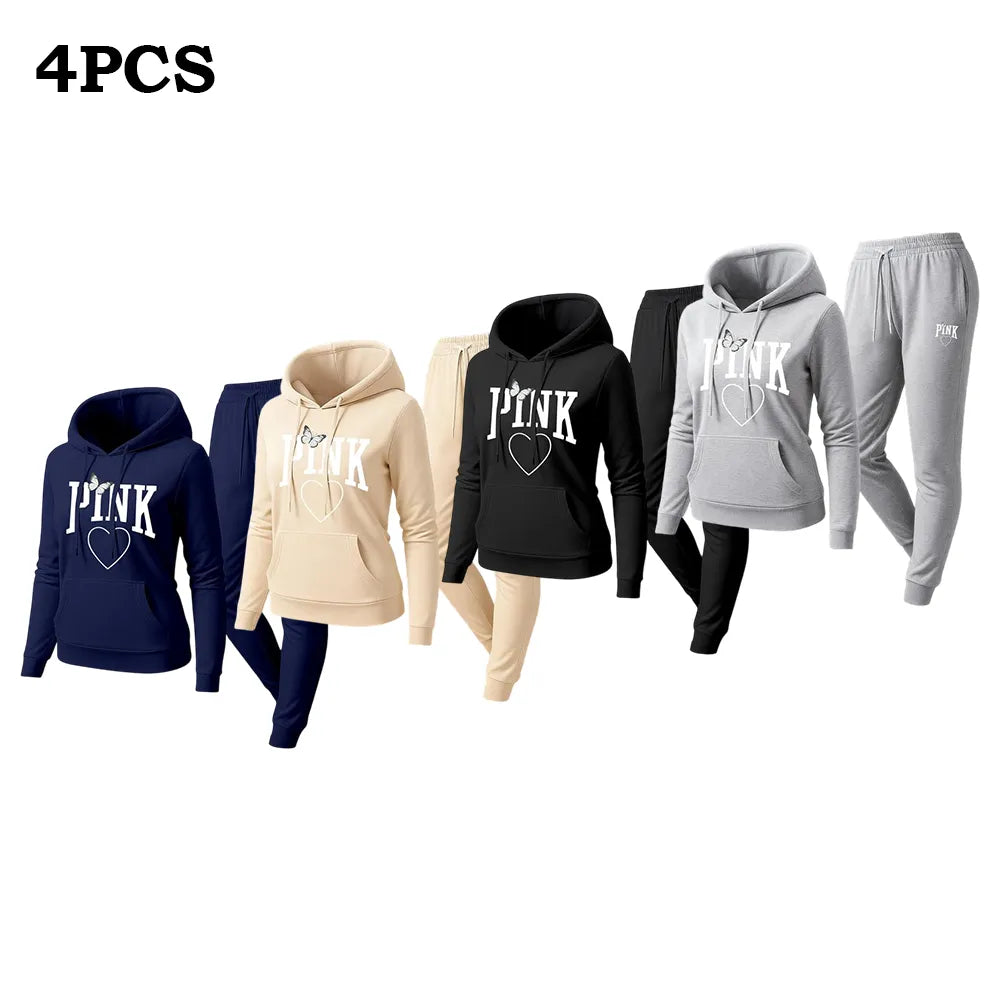 Women's Pink Heart Print Hoodie & Track Pants Set