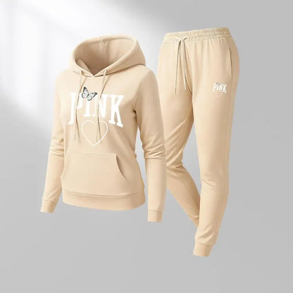 Women's Pink Heart Print Hoodie & Track Pants Set