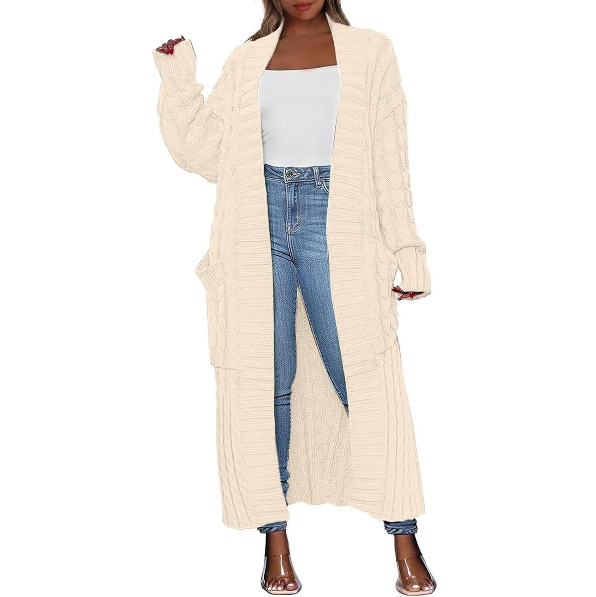 Damen Lange Strickjacke 2026 Übergroßer Mantel Langarm Offener Cardigan Gestrickt Extra