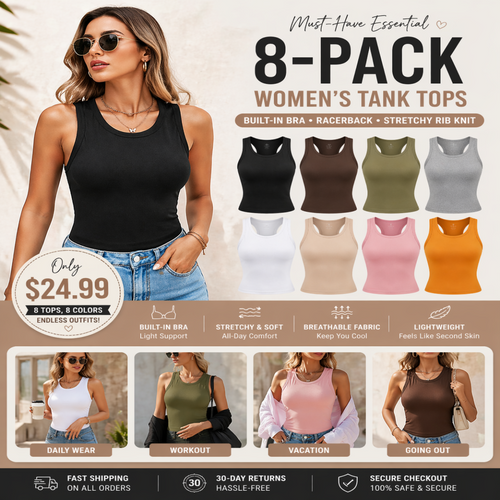 This Week's Special Price🍃Round Neck Built-in Bra Ribbed Tank Top Fit Casual Comfortable💥