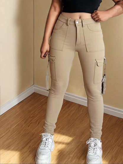 🔥MID YEAR SALE🔥Women's Plain Multi-pocket Denim Elastic Slim Fit Button Cargo Denim Pants