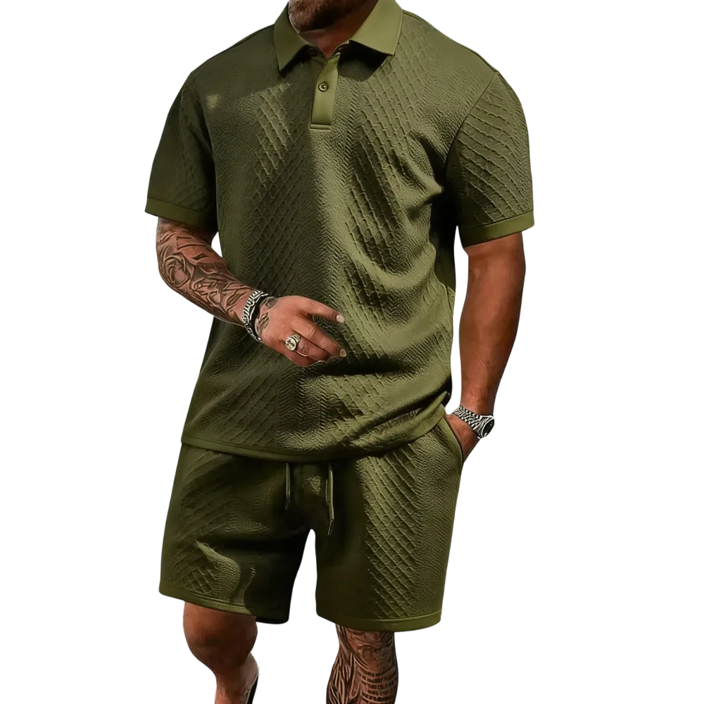 Men's Casual Solid-Color Polo Shirt and Shorts Two-Piece Set