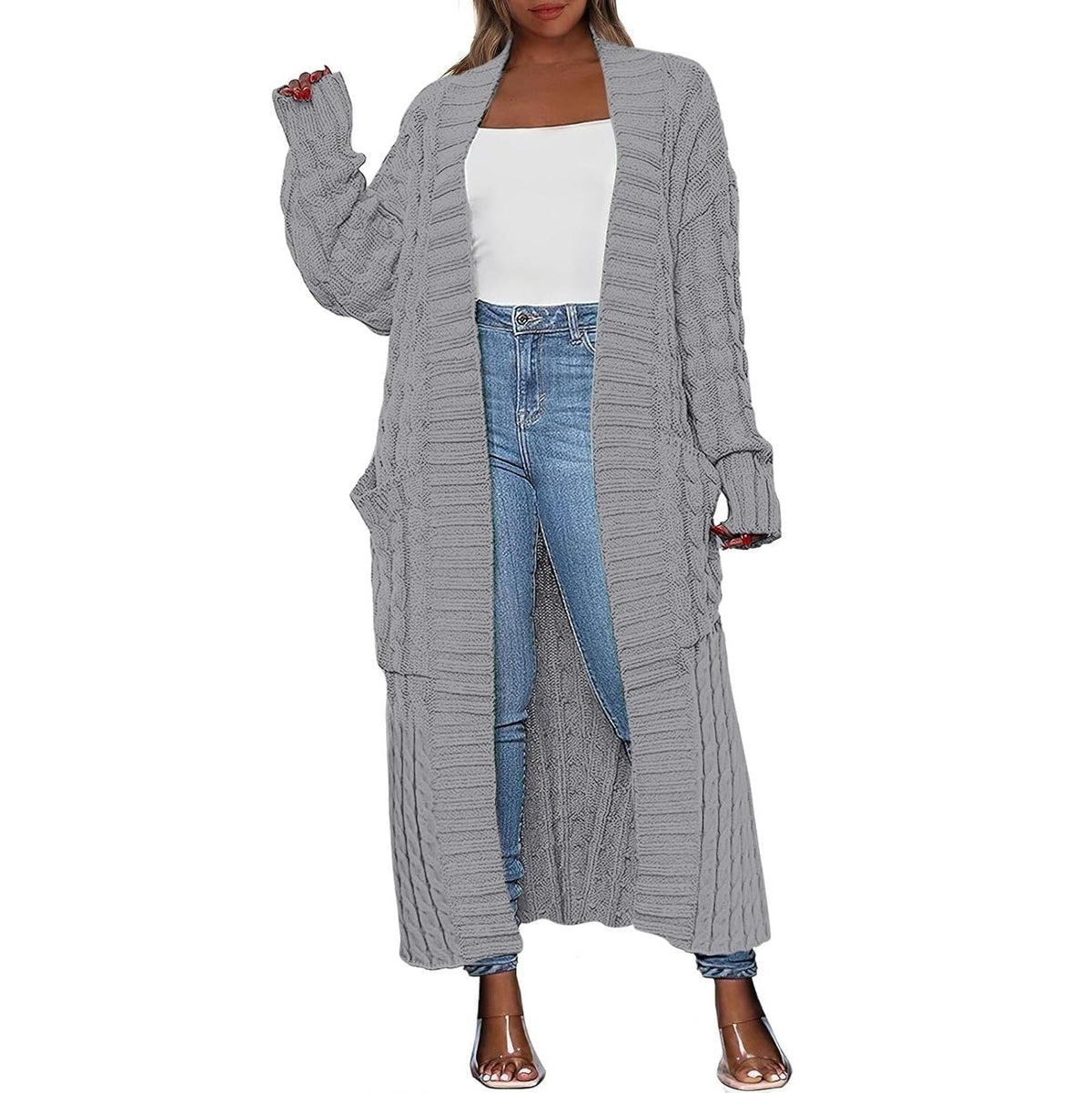 Damen Lange Strickjacke 2026 Übergroßer Mantel Langarm Offener Cardigan Gestrickt Extra