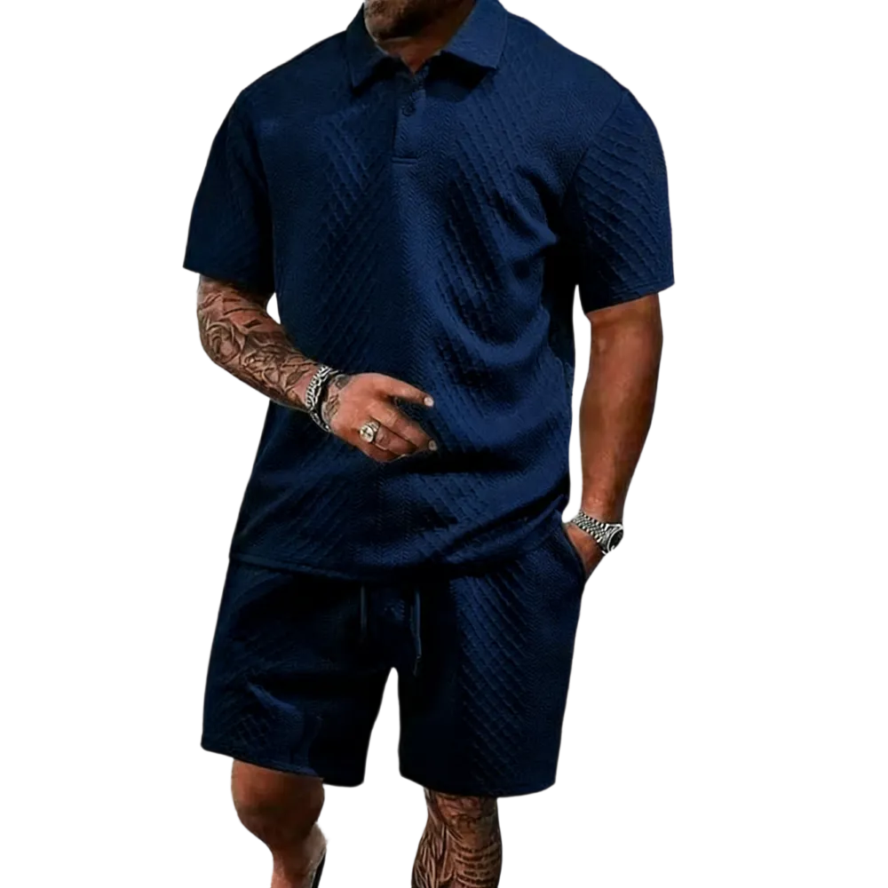 Men's Casual Solid-Color Polo Shirt and Shorts Two-Piece Set
