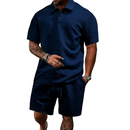Men's Casual Solid-Color Polo Shirt and Shorts Two-Piece Set