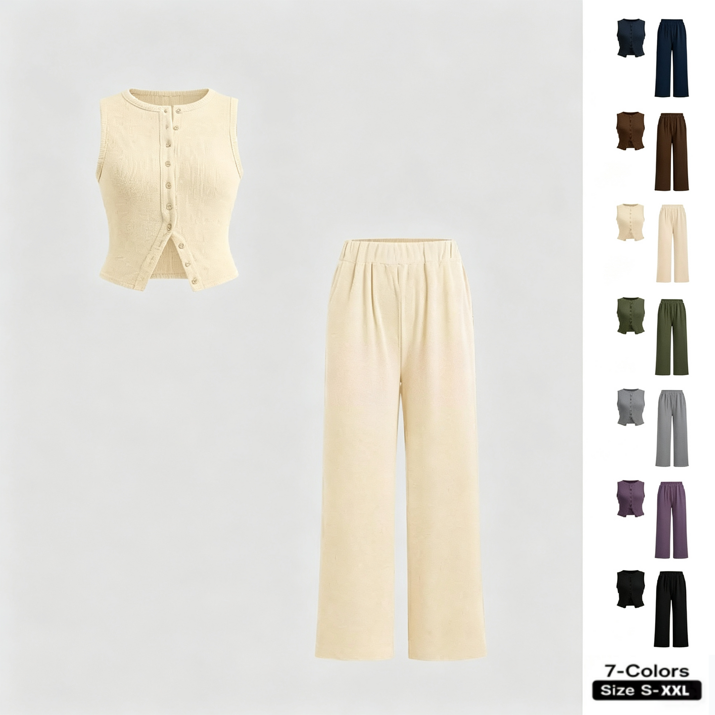 Women's Basic Fitted Solid Ribbed Button Tank Top & Straight Leg Pants Two-piece Set, Casual Sleeveless Top & Trousers for Daily Wear, Ladies Two-piece Outfits for All Seasons, Clothes, Airport Outfit