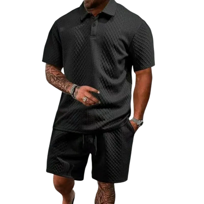 Men's Casual Solid-Color Polo Shirt and Shorts Two-Piece Set