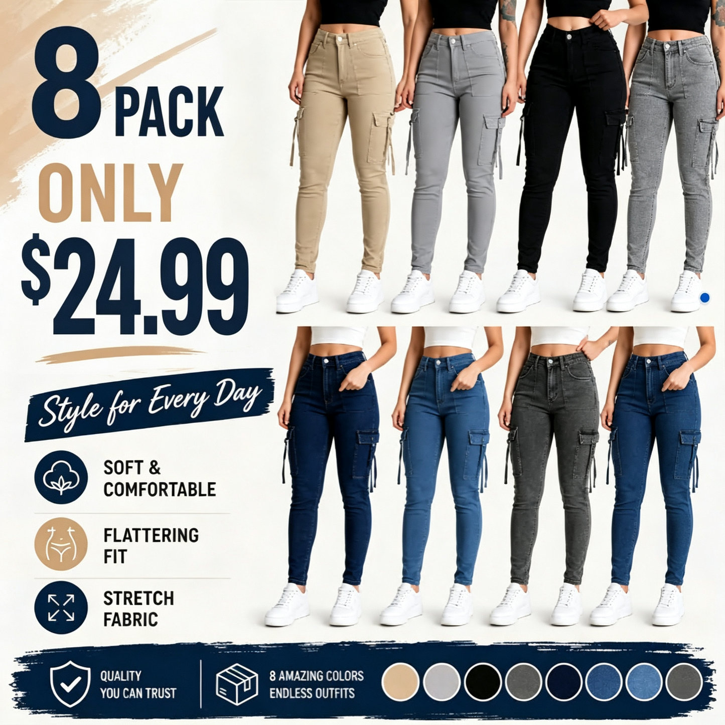 🔥MID YEAR SALE🔥Women's Plain Multi-pocket Denim Elastic Slim Fit Button Cargo Denim Pants