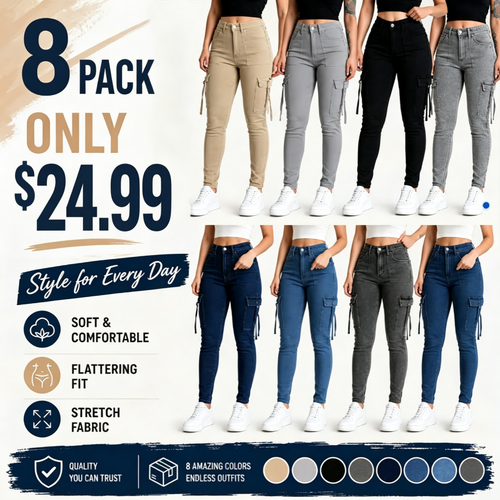 🔥MID YEAR SALE🔥Women's Plain Multi-pocket Denim Elastic Slim Fit Button Cargo Denim Pants