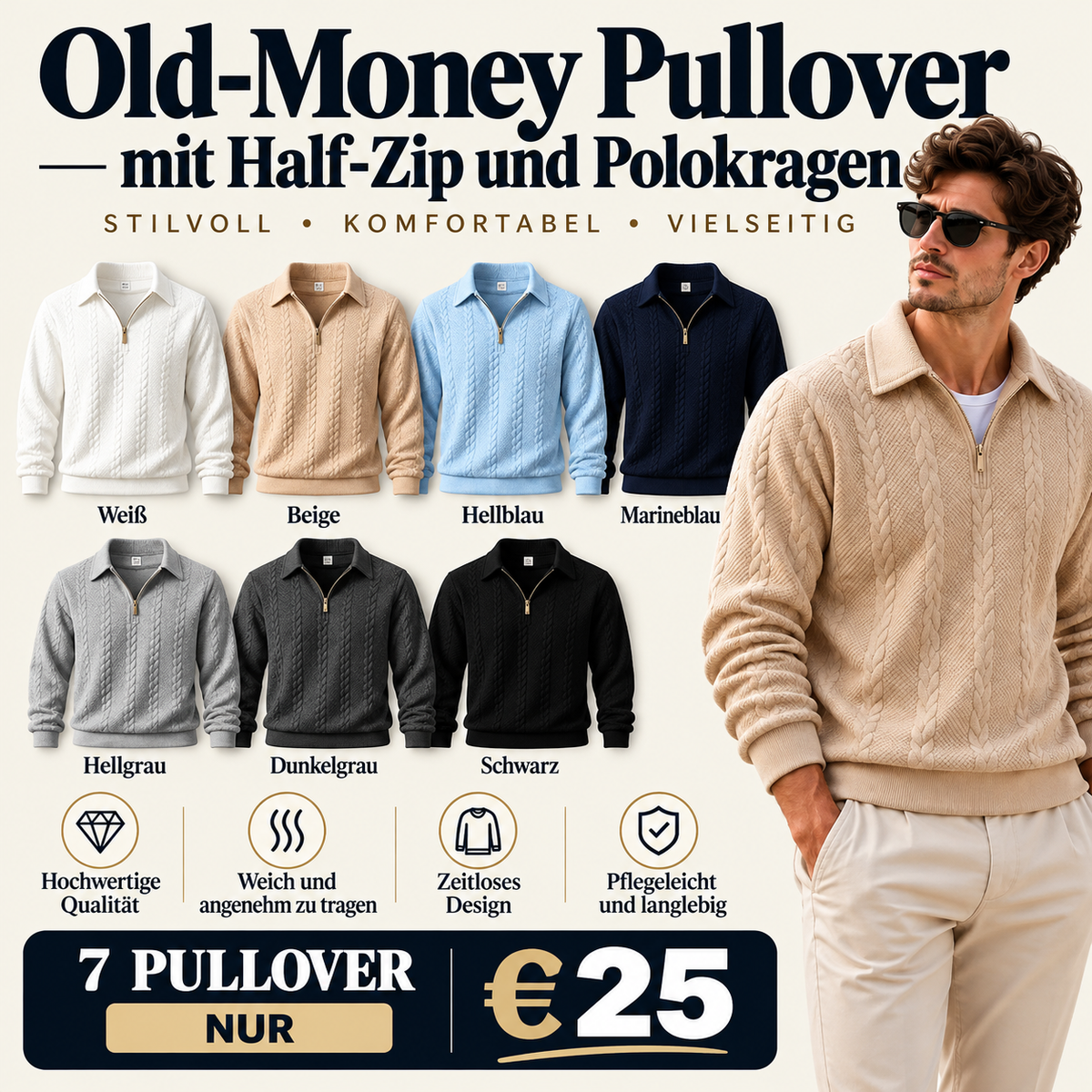 🐊Sweatshirt im Old-Money-Stil mit halbem Reißverschluss und Polokragen🔥