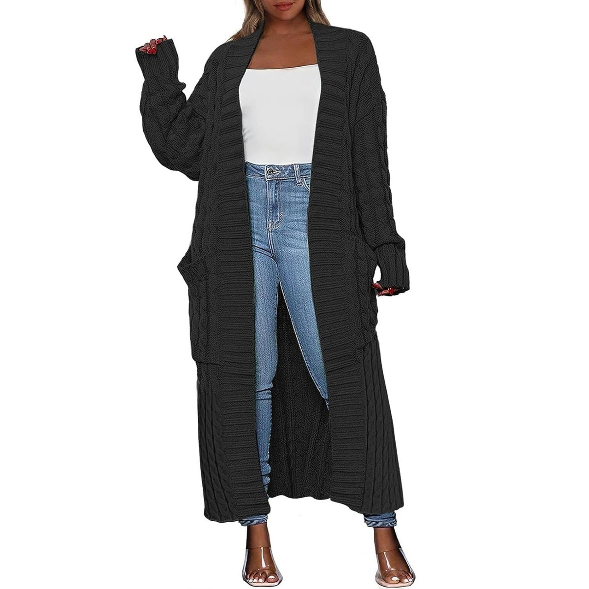 Damen Lange Strickjacke 2026 Übergroßer Mantel Langarm Offener Cardigan Gestrickt Extra