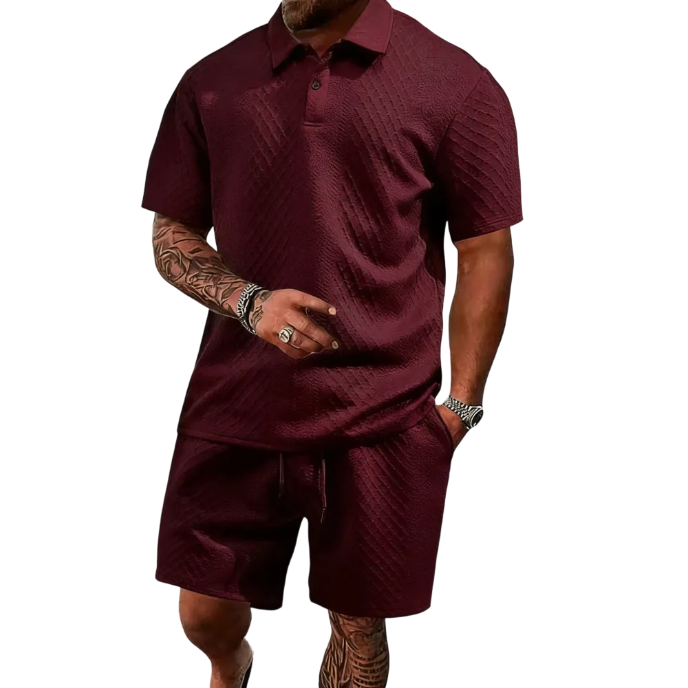 Men's Casual Solid-Color Polo Shirt and Shorts Two-Piece Set