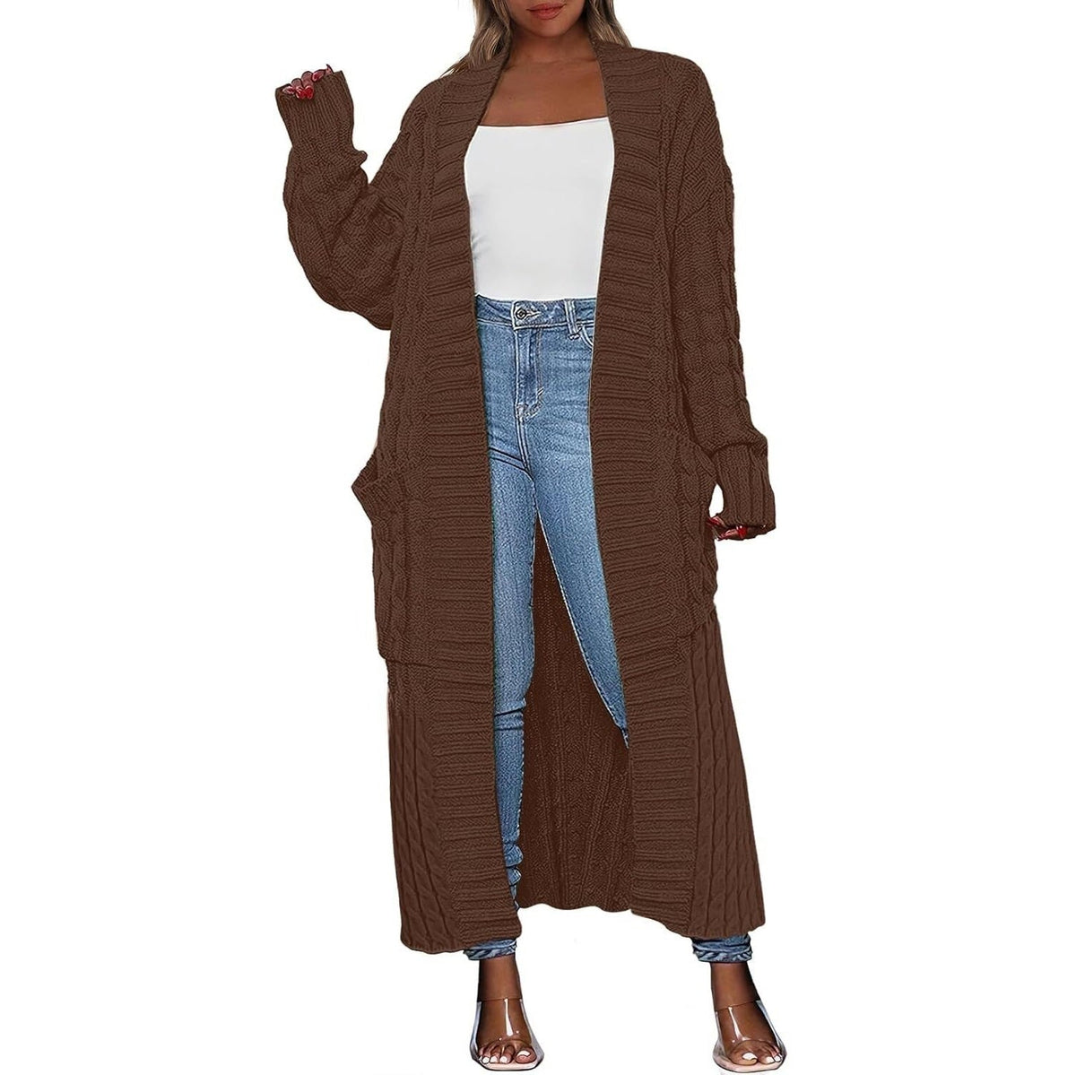 Damen Lange Strickjacke 2026 Übergroßer Mantel Langarm Offener Cardigan Gestrickt Extra