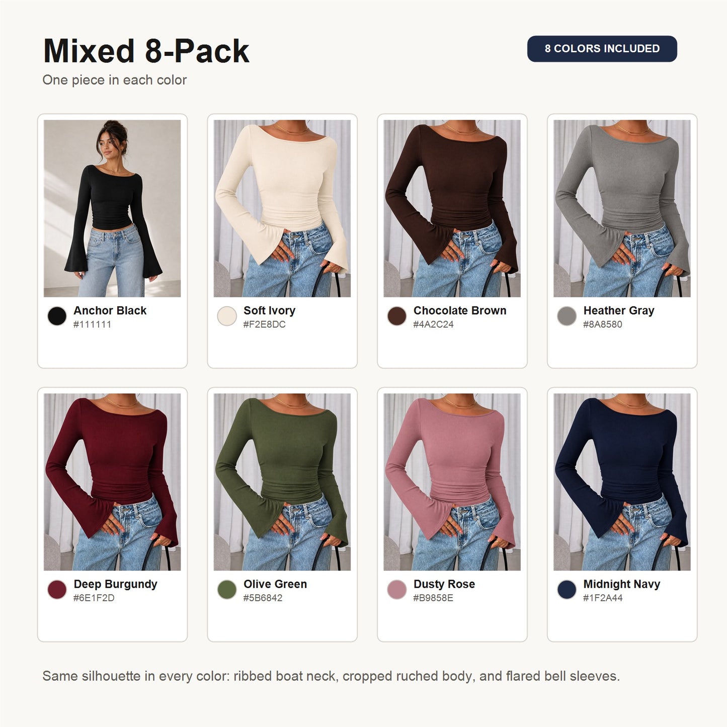 Women's Ribbed Boat Neck Bell Sleeve Crop Top Multipack