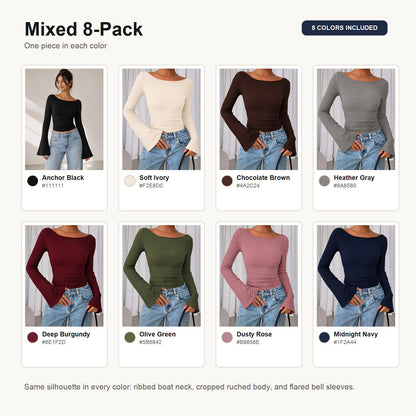 Women's Ribbed Boat Neck Bell Sleeve Crop Top Multipack