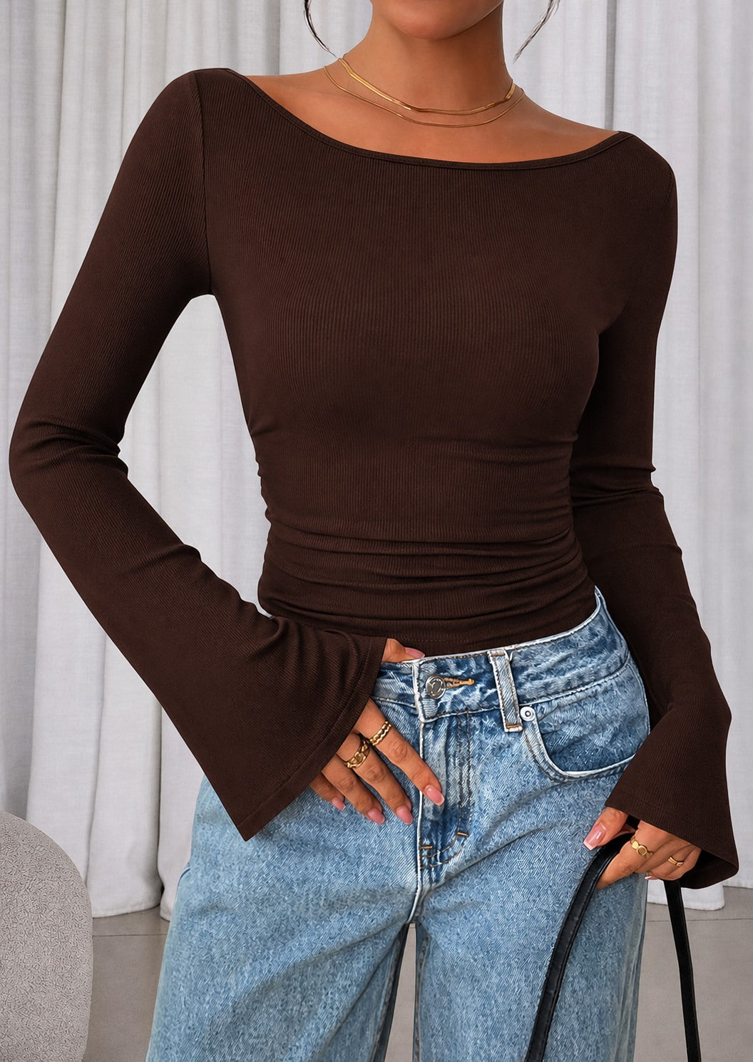 Women's Ribbed Boat Neck Bell Sleeve Crop Top Multipack