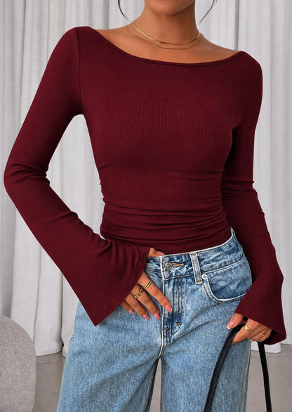 Women's Ribbed Boat Neck Bell Sleeve Crop Top Multipack