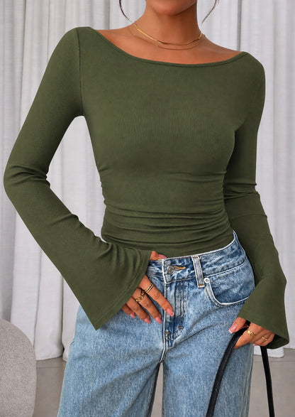 Women's Ribbed Boat Neck Bell Sleeve Crop Top Multipack