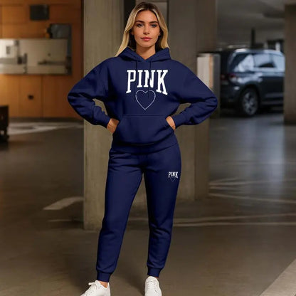Women's Pink Heart Print Hoodie & Track Pants Set
