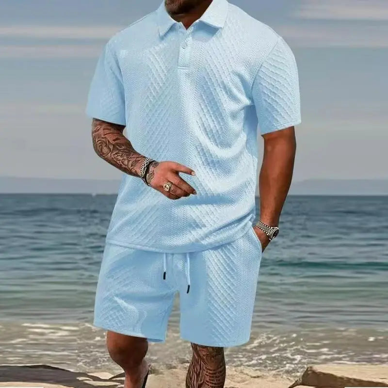 Men's Casual Solid-Color Polo Shirt and Shorts Two-Piece Set