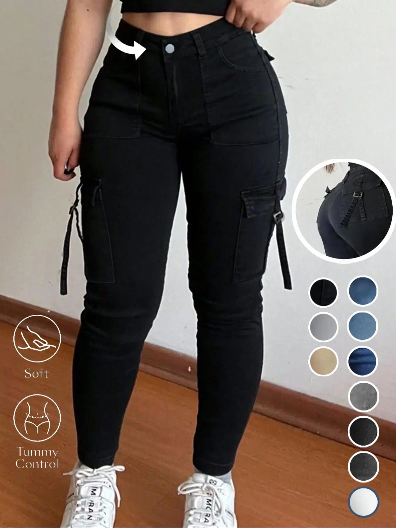 🔥MID YEAR SALE🔥Women's Plain Multi-pocket Denim Elastic Slim Fit Button Cargo Denim Pants