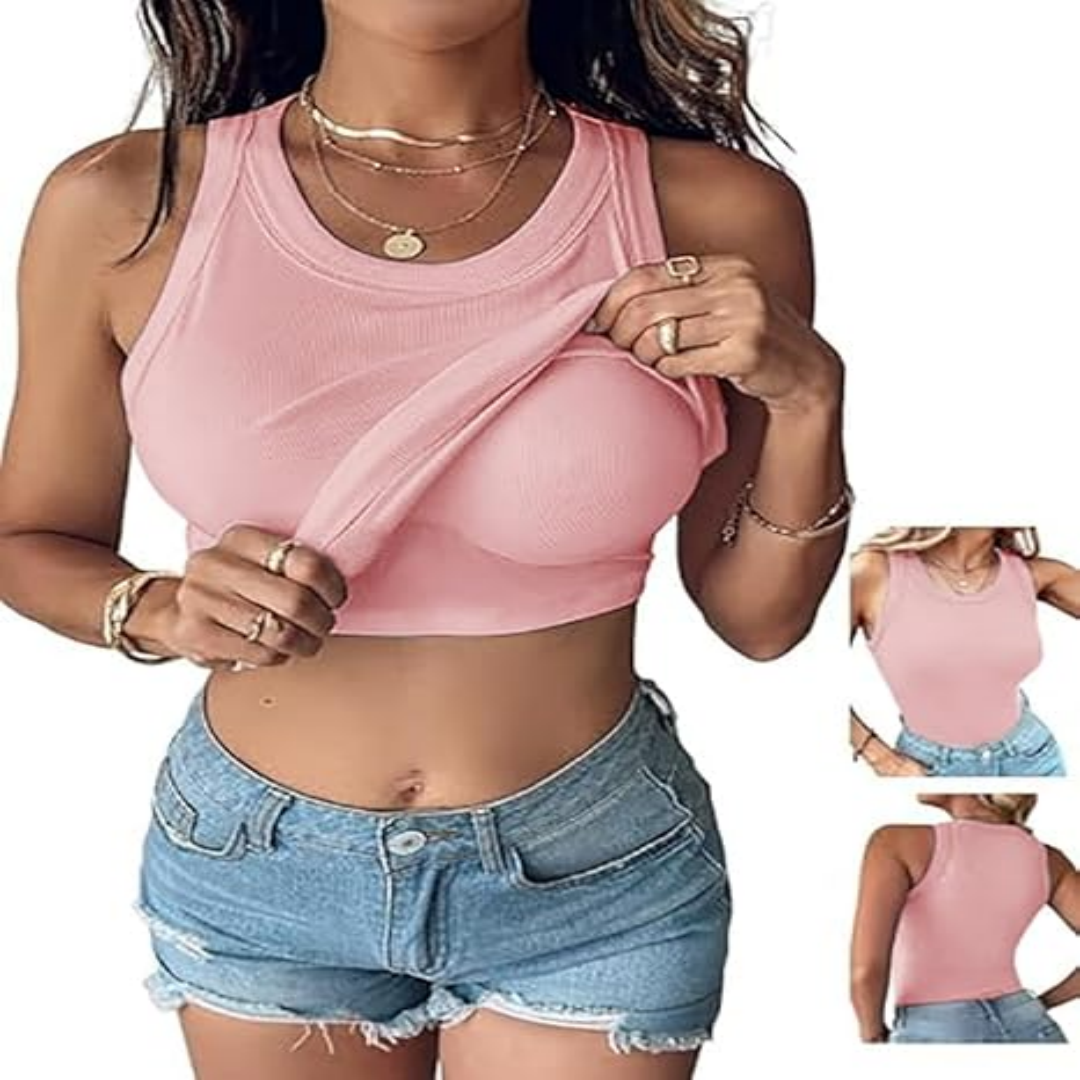 This Week's Special Price🍃Round Neck Built-in Bra Ribbed Tank Top Fit Casual Comfortable💥