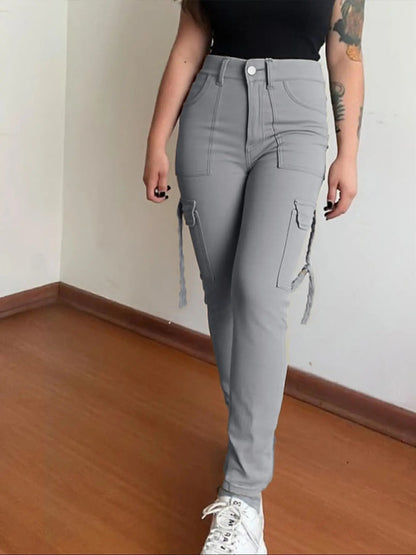 🔥MID YEAR SALE🔥Women's Plain Multi-pocket Denim Elastic Slim Fit Button Cargo Denim Pants
