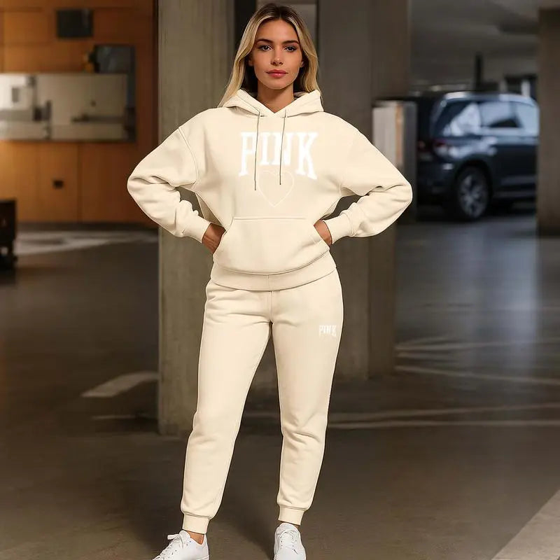 Women's Pink Heart Print Hoodie & Track Pants Set